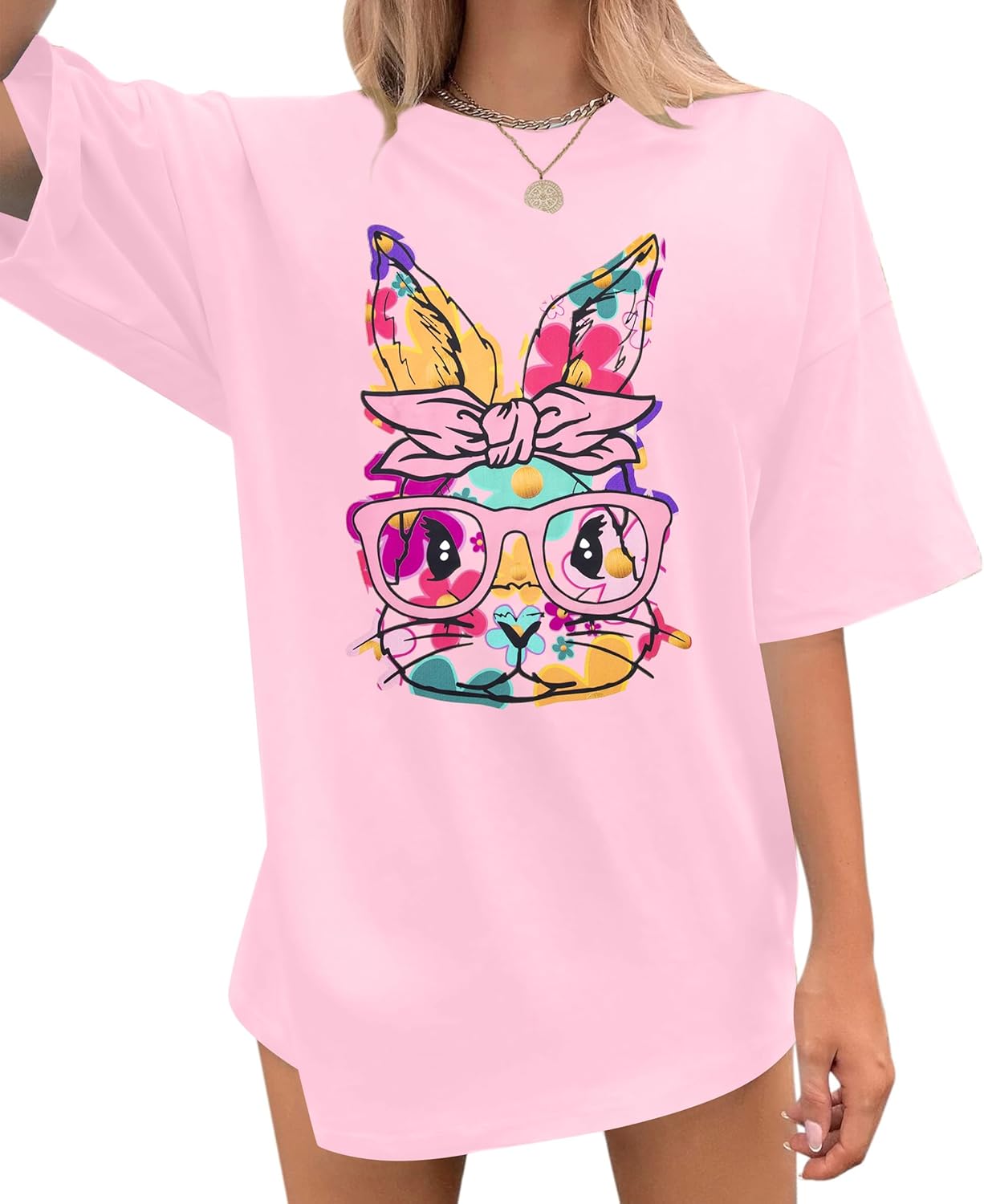 Easter Bunny Shirt Women Oversized: Happy Easter Day Tee Cute Bunny Rabbit Tshirt Floral Flower Casual Short Sleeve Tops