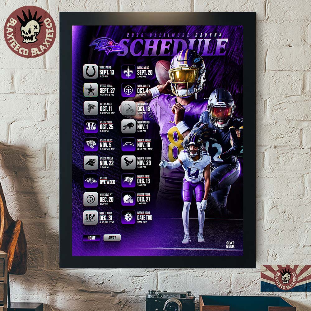 Baltimore Ravens NFL 2026 Season Schedule All Kickoffs Home Decor Poster Canvas