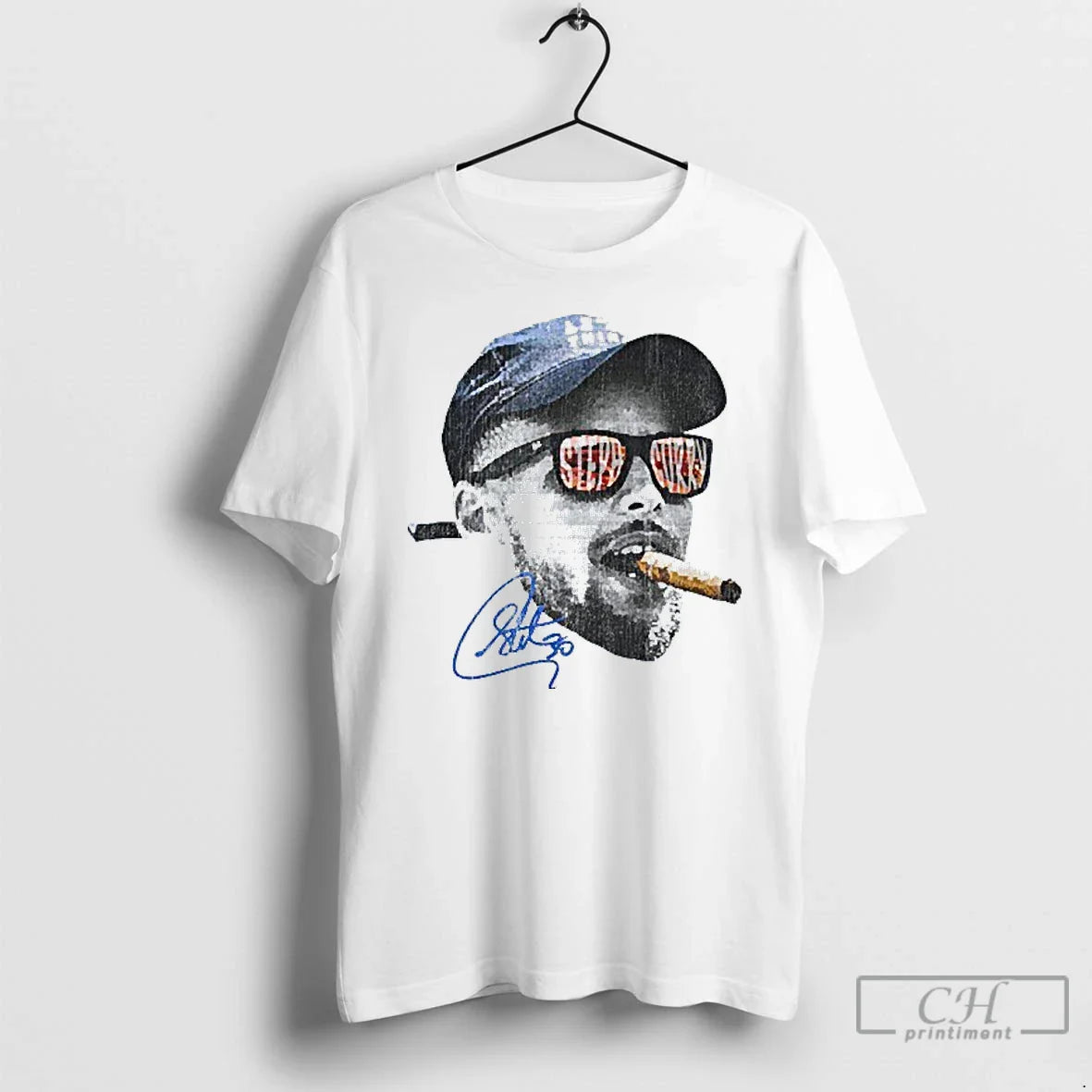 Classic Stephen Curry Smoking Golden State Warriors Big Head Signature Mens White Tee T Shirts