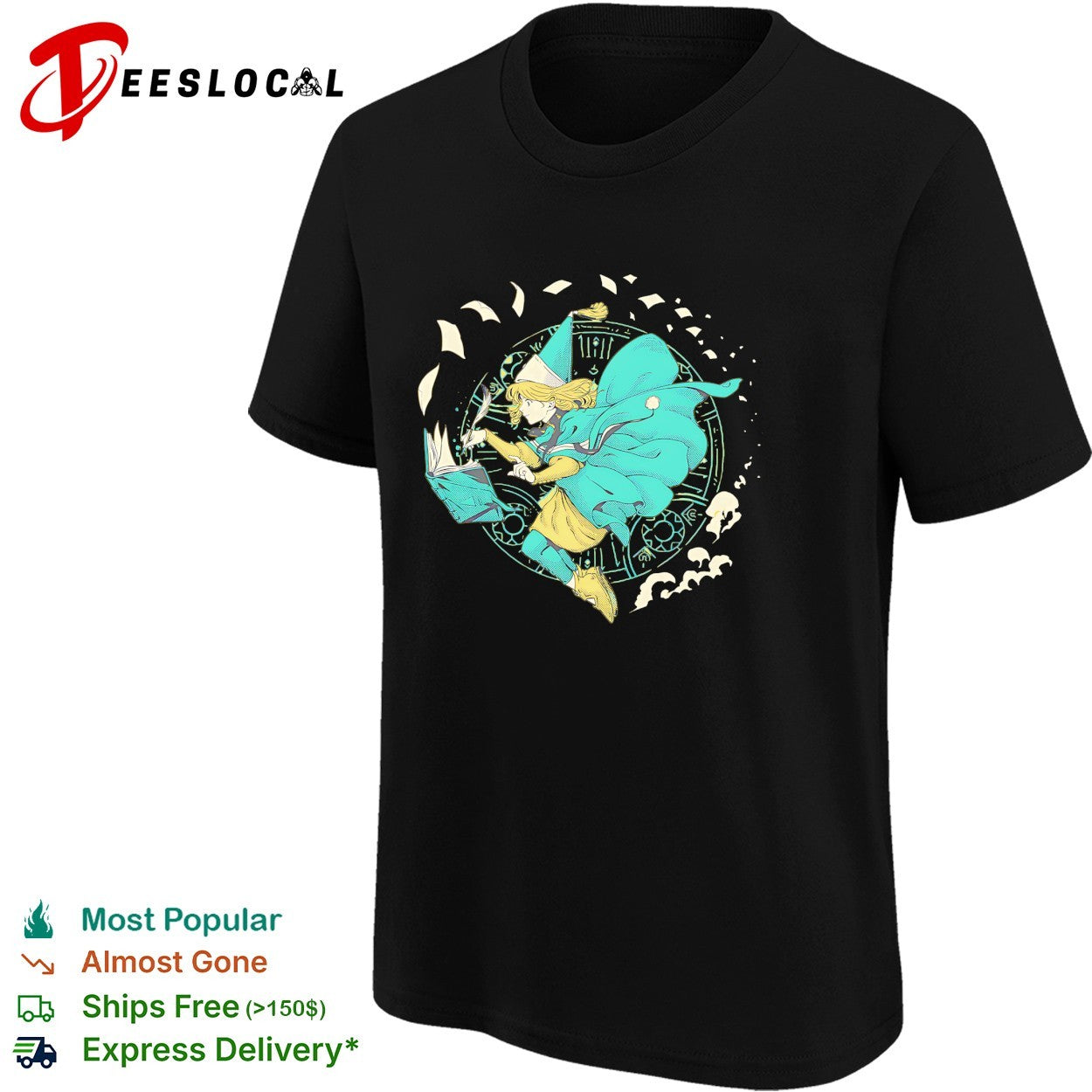 Coco from the manga series Witch Hat Atelier writing in her spellbook shirt