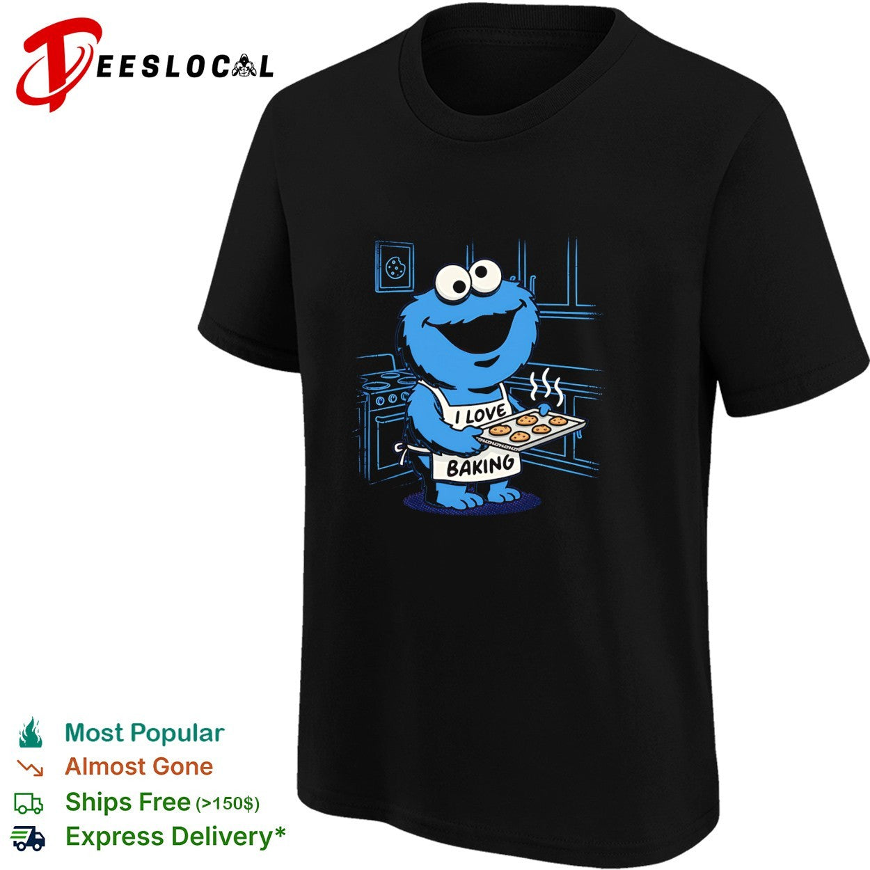 Cookie Monster Sesame Street I Love Baking cookies tray kitchen scene shirt