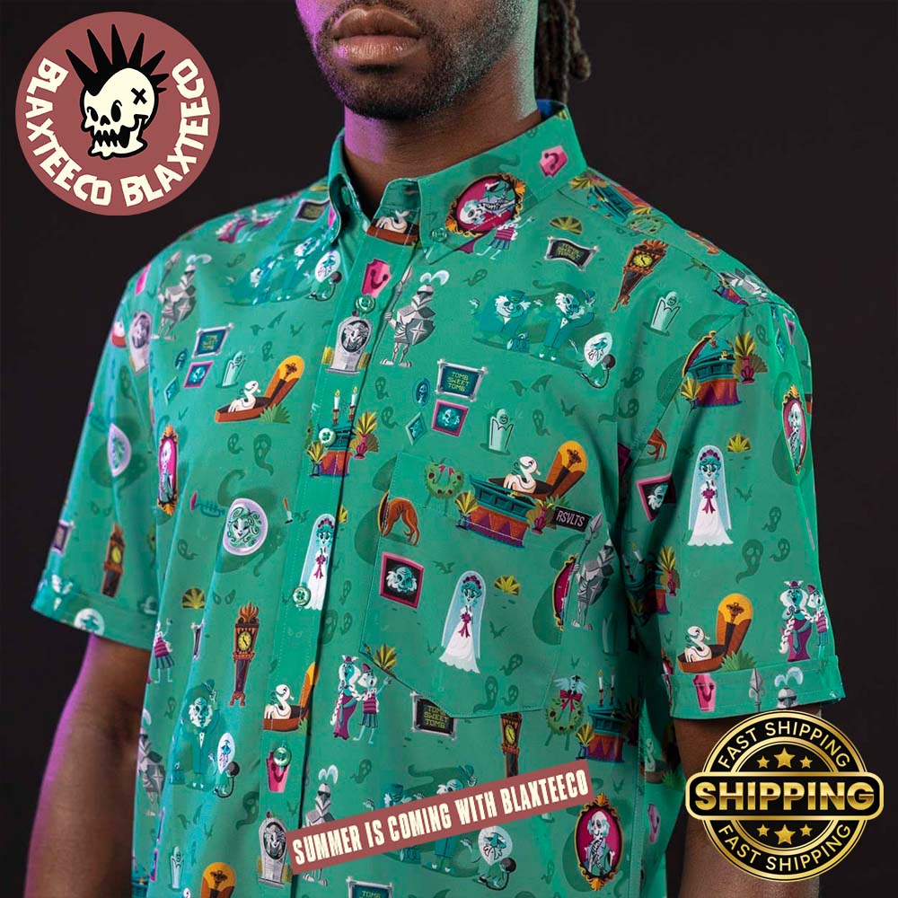 Disney Haunted Mansion RSVLTS After-Life Of The Party Button Short Sleeve Hawaiian Shirt