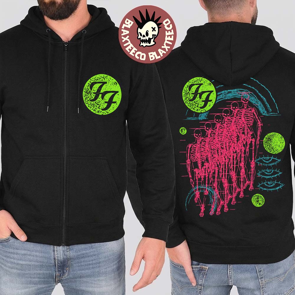 Foo Fighters Take Cover Tour 2026 Europe And UK Merch Neon Skeleton Zip Up Hoodie