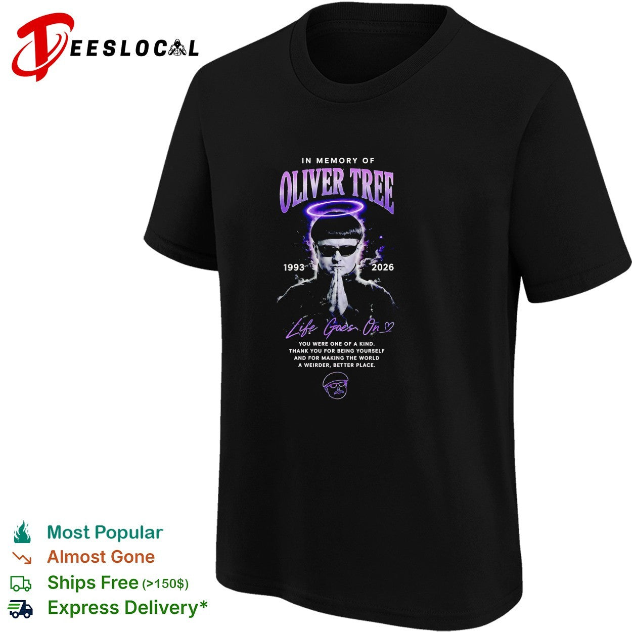 In memory of Oliver Tree halo portrait praying hands tribute shirt