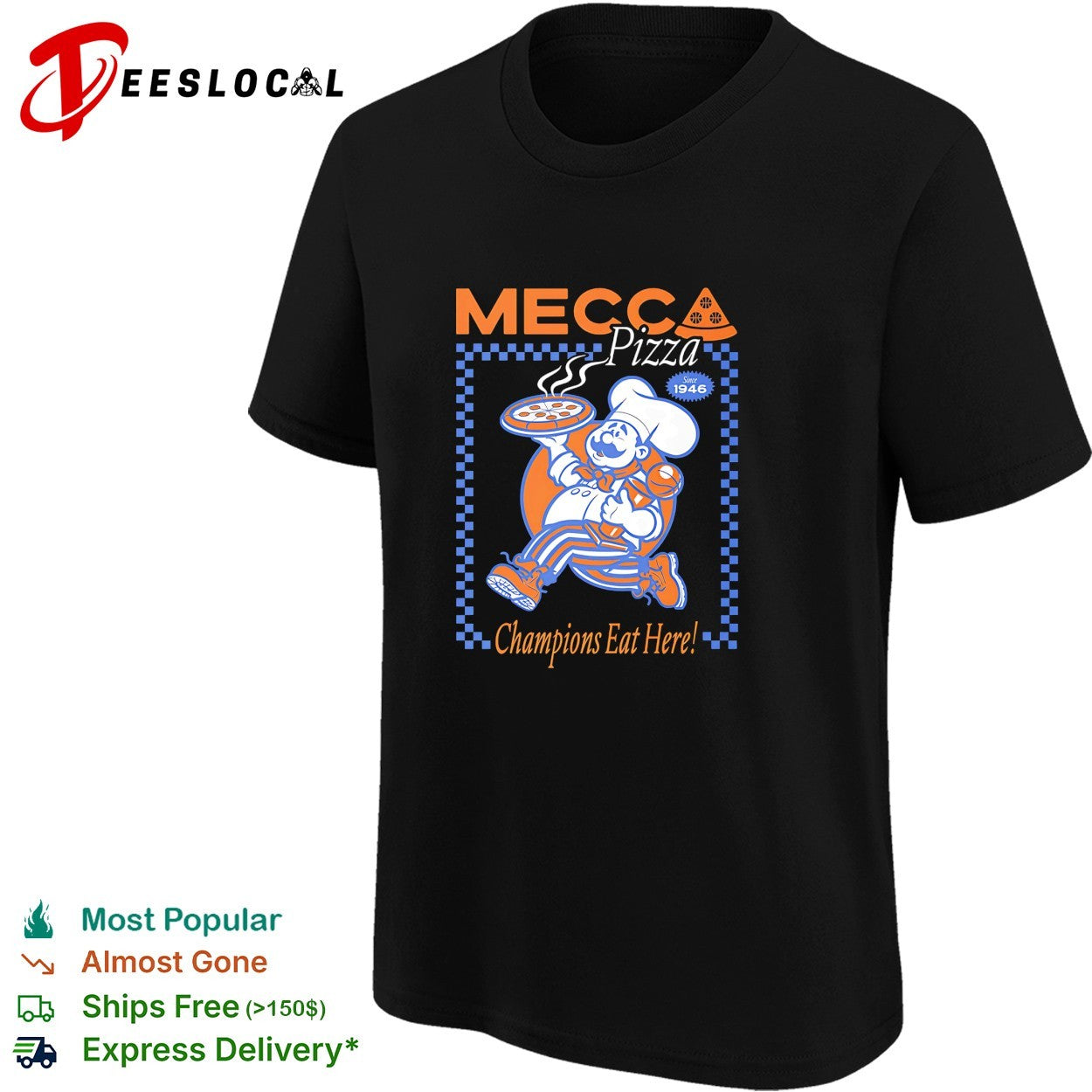 Mecca Pizza chef mascot champions eat here vintage badge shirt