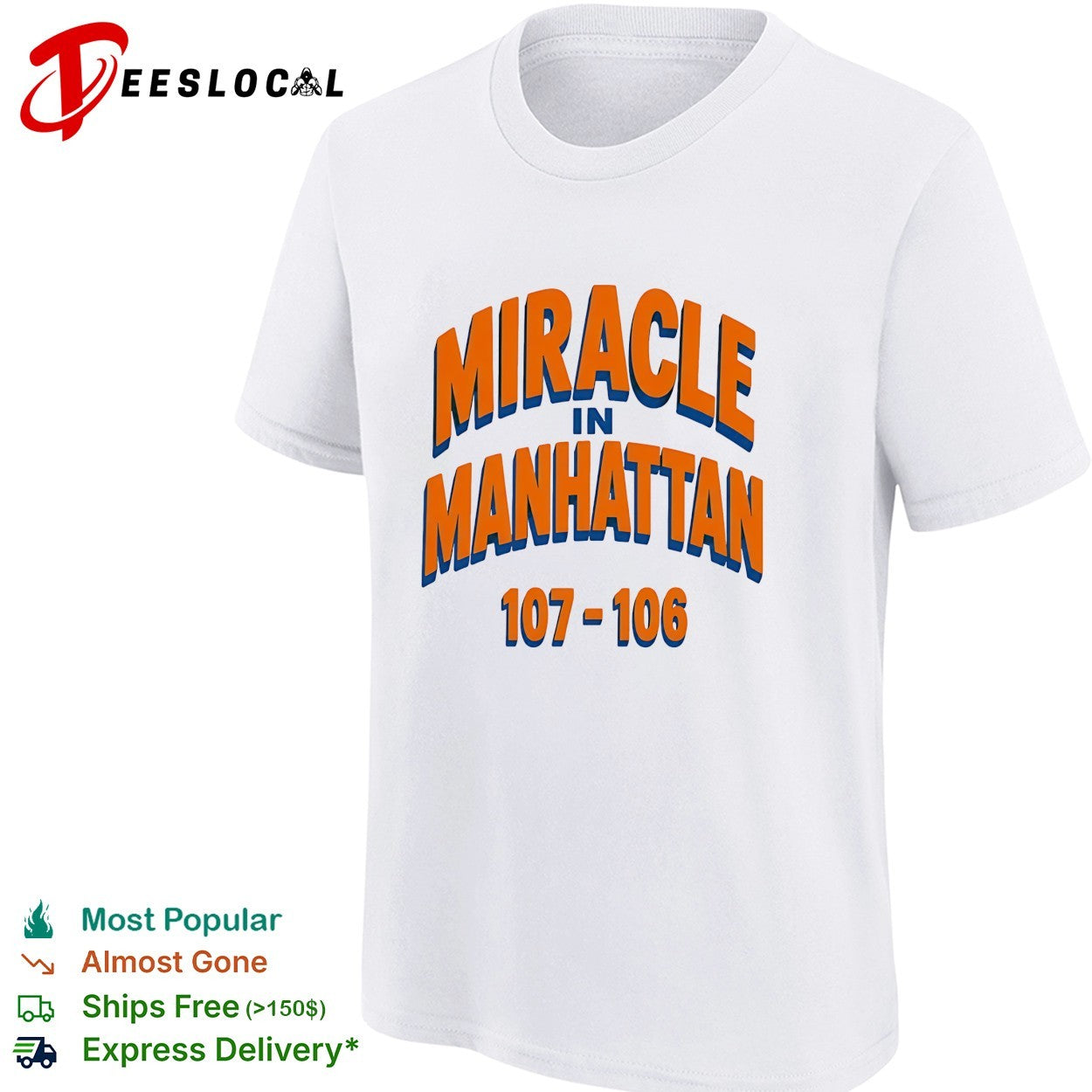 Miracle in Manhattan 107-106 bold arch text New York Knicks game shirt