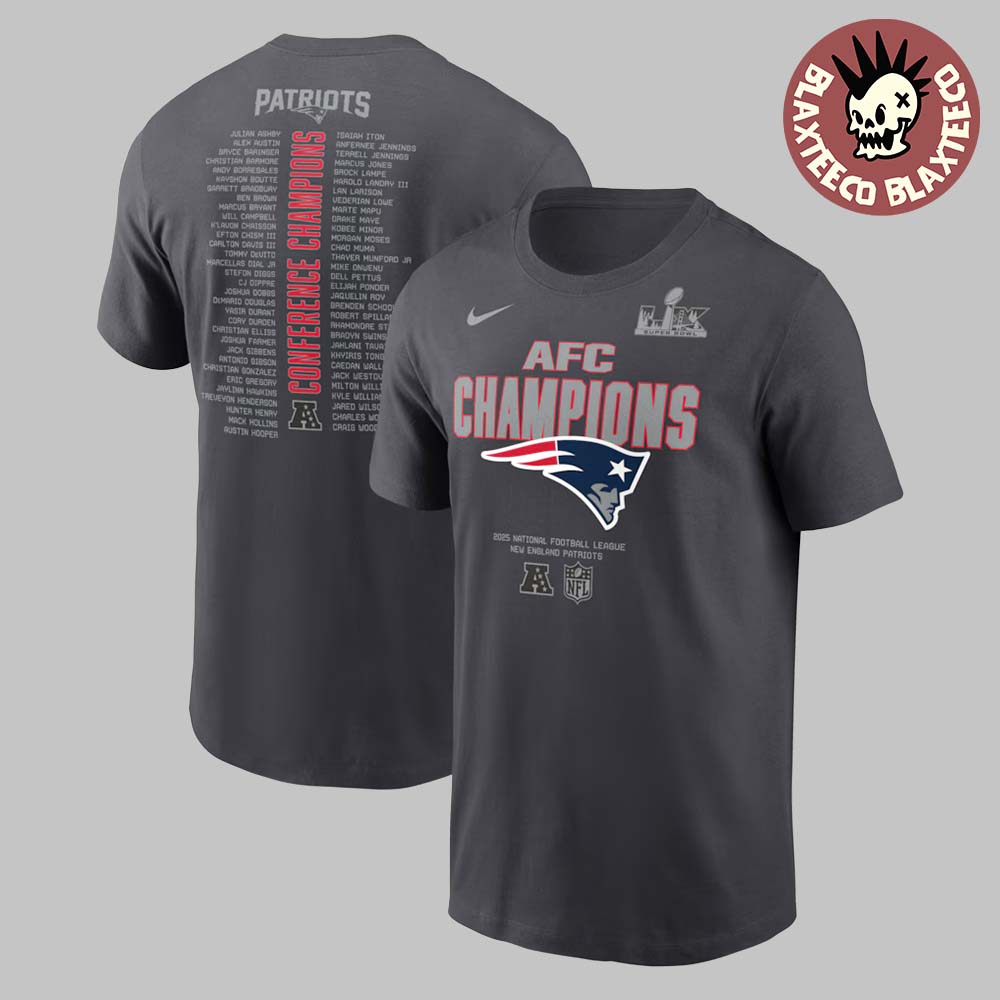 New England Patriots 2025 NFL AFC Champions Nike Roster Two Sided T-Shirt