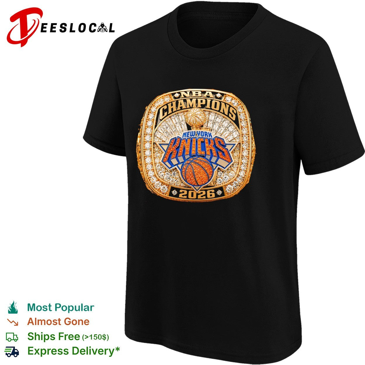 New York Knicks 2026 NBA Champions championship ring jeweled close-up shirt
