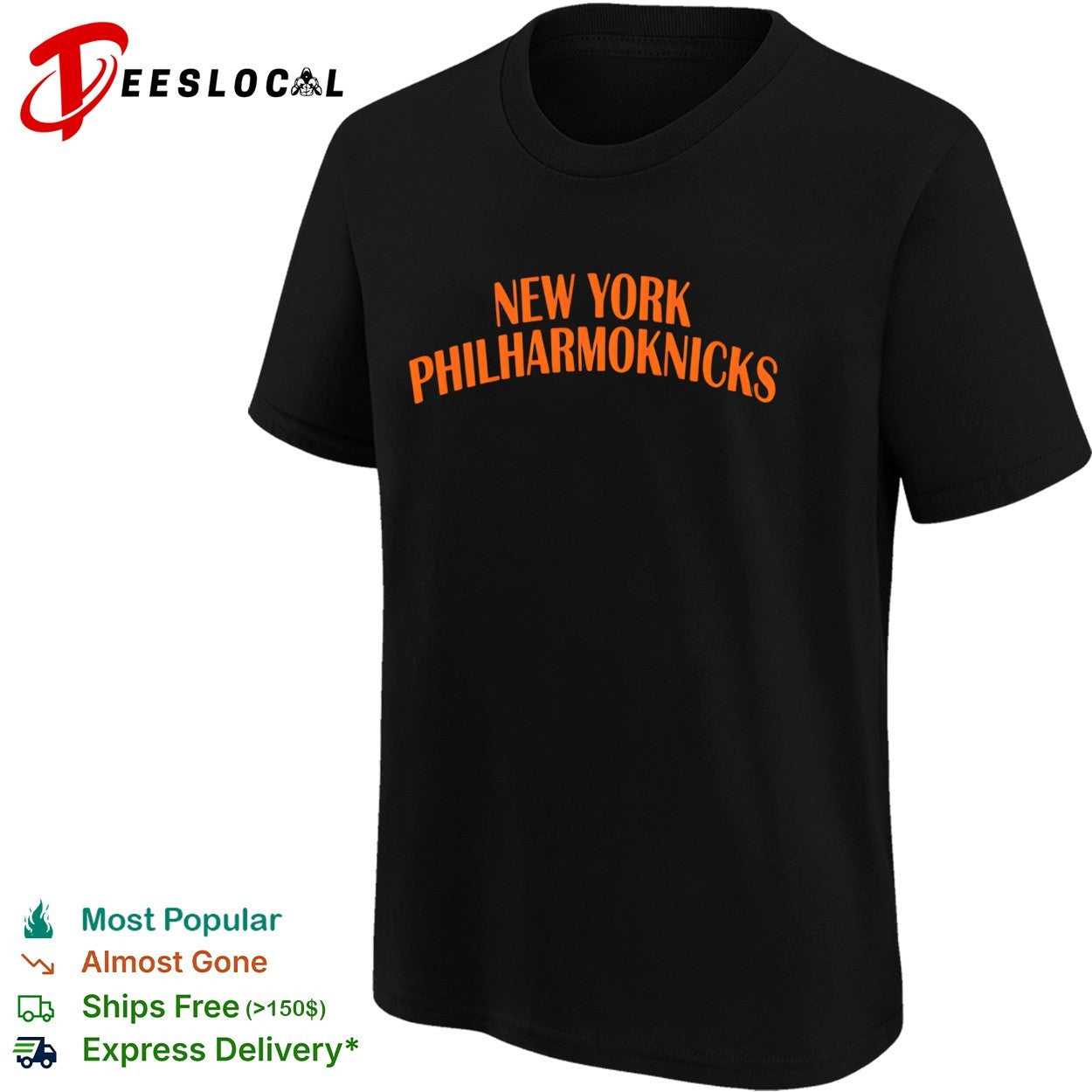 New York Philharmoknicks orange bold arched lettering basketball pun graphic shirt