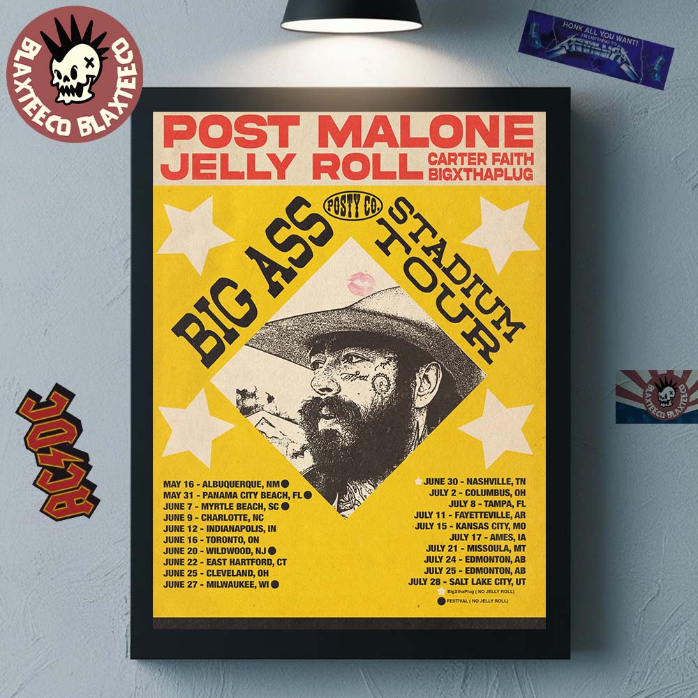 Post Malone X Jelly Roll Big Ass Stadium Tour 2026 North America Official Schedule Dates Home Decor Poster Canvas