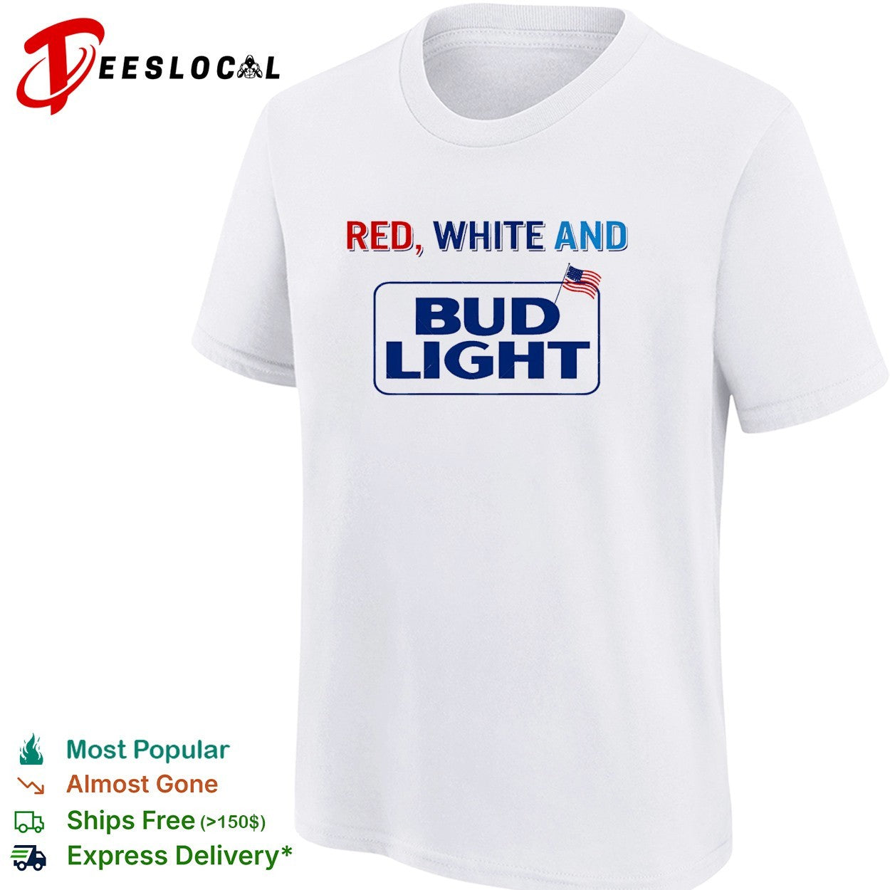 Red white and Bud Light beer logo with American flag bold lettering graphic shirt