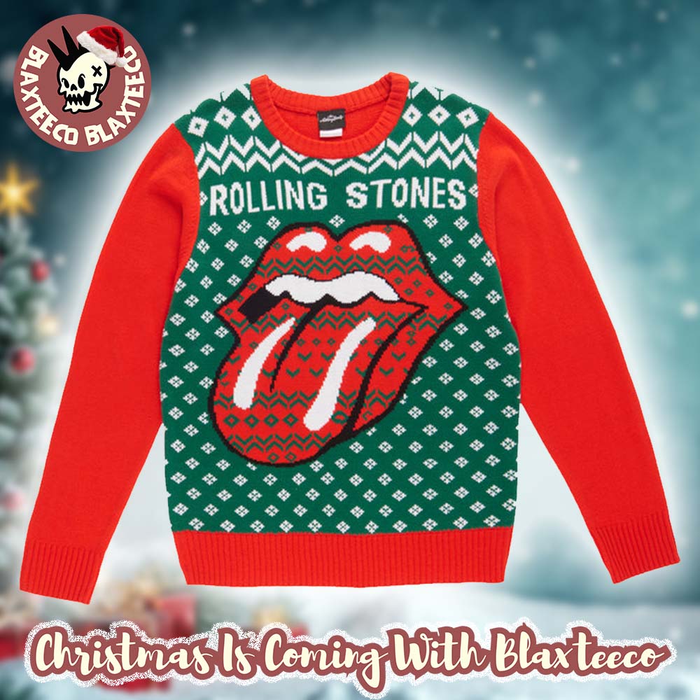 Rolling Stones Gile Style Big Tounge Logo With Green And Snowflakes Holiday Vibe Knitted Red Christmas Ugly Sweater