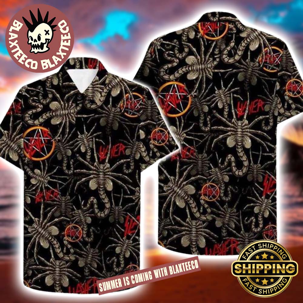 Slayer Band Xenomorp Alien Face And Logo Pattern 2025 Summer Hawaiian Shirt