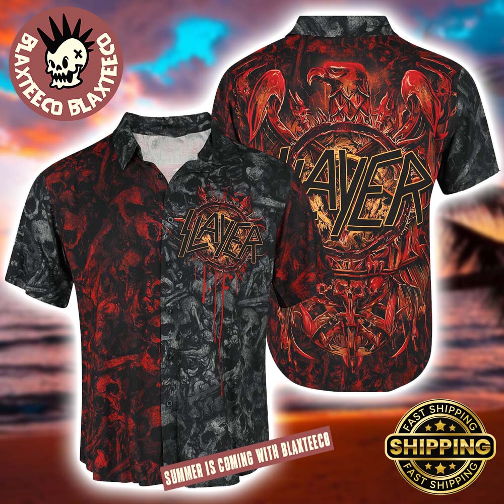Slayer Multicolour Skull Pattern Blood Eagles Red And Grey 2025 Summer Hawaiian Shirt