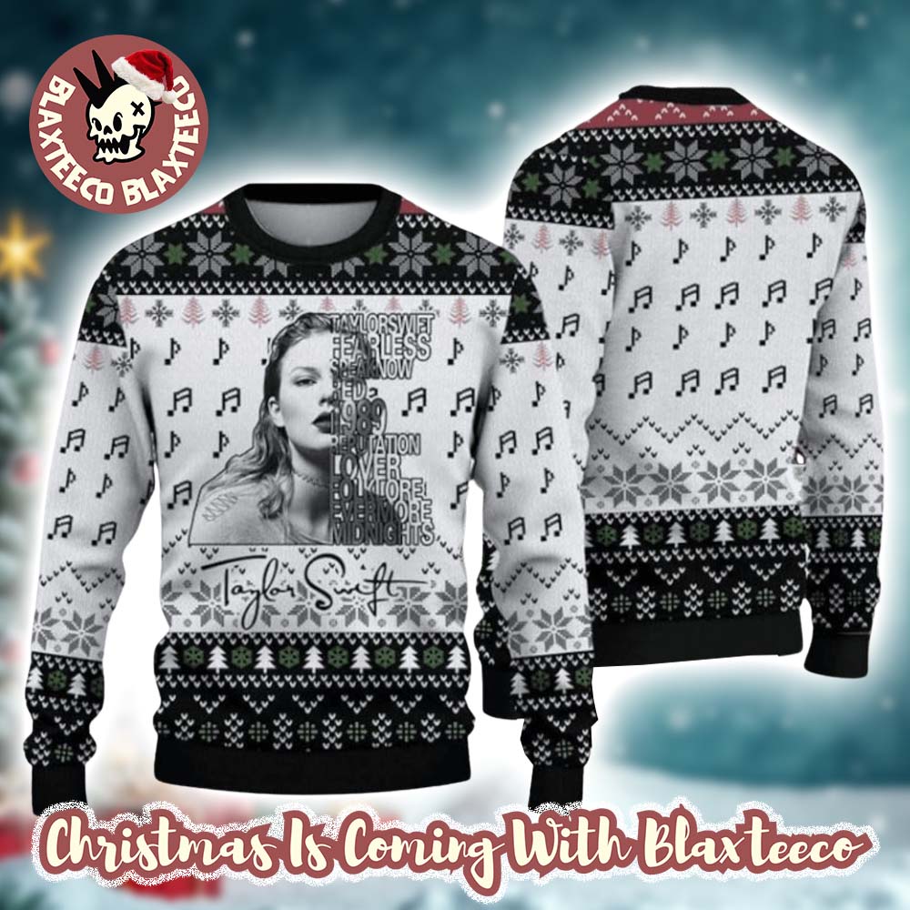 Taylor Swift All Time Album With Signature Music Note Pattern Knitted Ugly Christmas Sweater For Fans