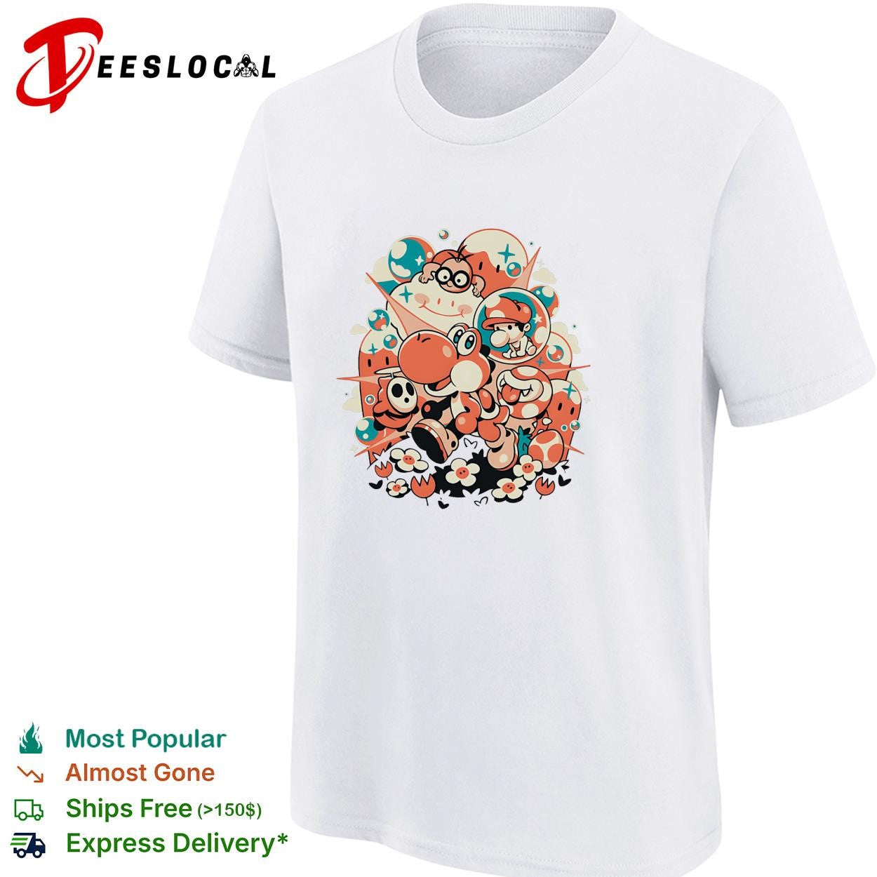 Yoshi and friends Nintendo Mario characters cartoon colorful graphic shirt