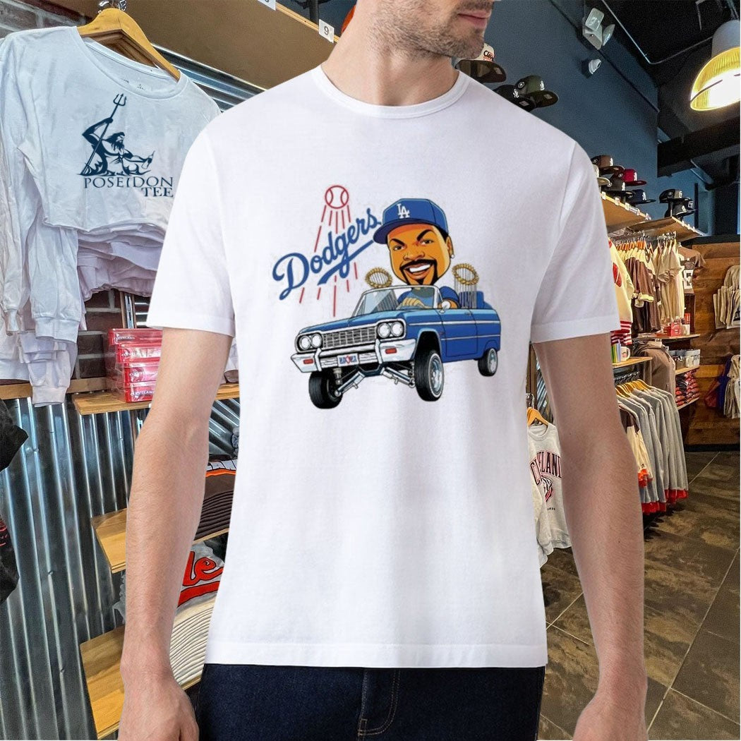 Fan Wearing LA Dodgers Ice Cube Bobblehead Cartoon Driving Car T-shirt