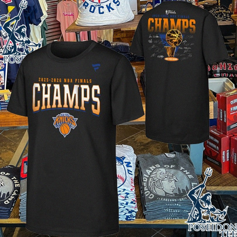 New York Knicks Youth Black 2026 Finals Champions Trophy Roster T-shirt