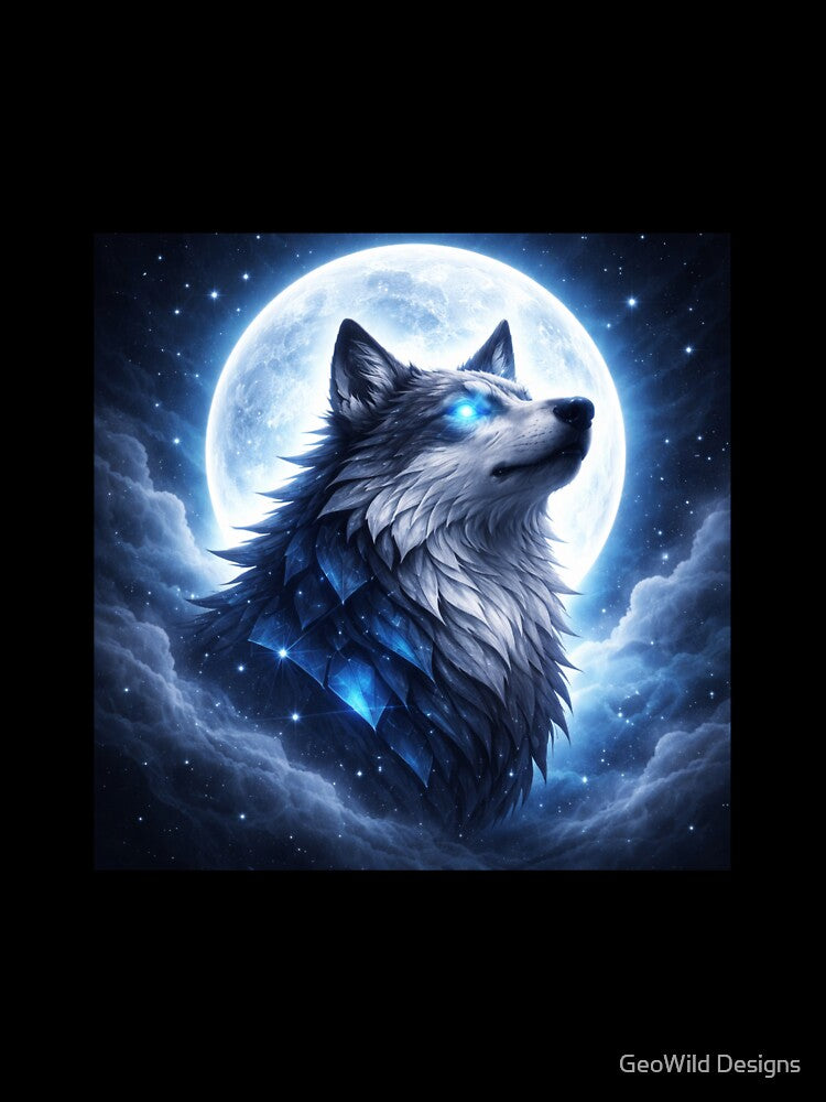 Moon Guardian Spirit Wolf – Celestial Wolf Art with Glowing Eyes by GeoWild Designs