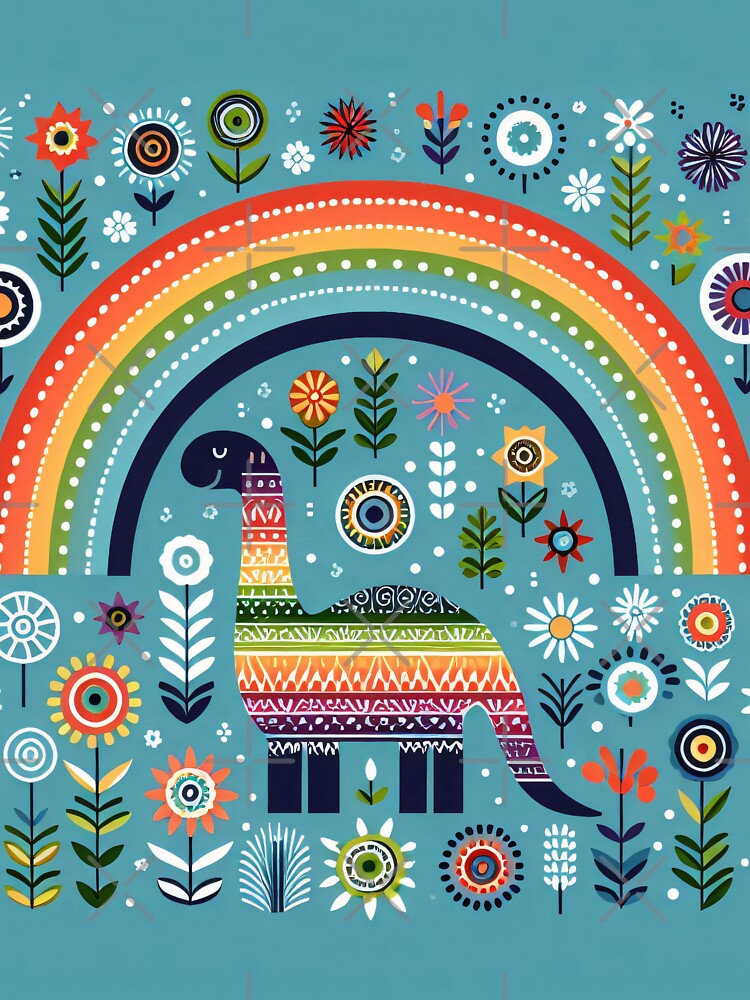 Cute Diplodocus Dinosaur with Rainbow and Flowers - Scandinavian Folk Art by heidiannemorris © by FOLK ART FUSION by heidiannemorris