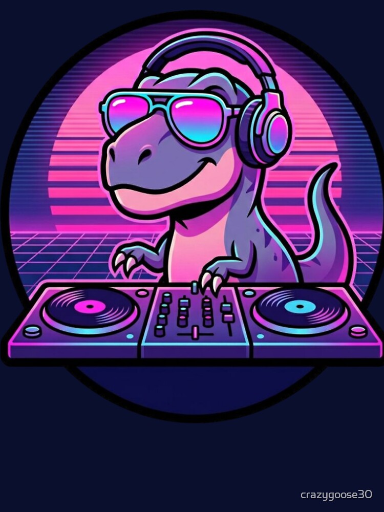 Сool Retro DJ T Rex with sunglasses Synthwave Sunset by crazygoose30