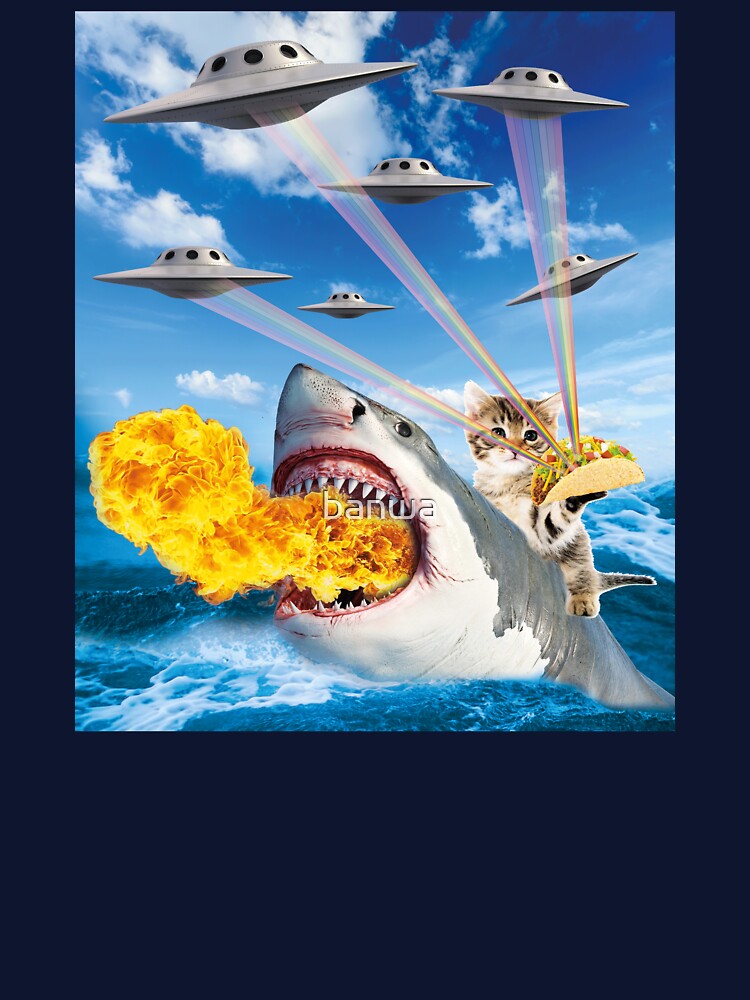 Cat Riding Fire Breathing Shark Rainbow Laser Taco graphic by banwa