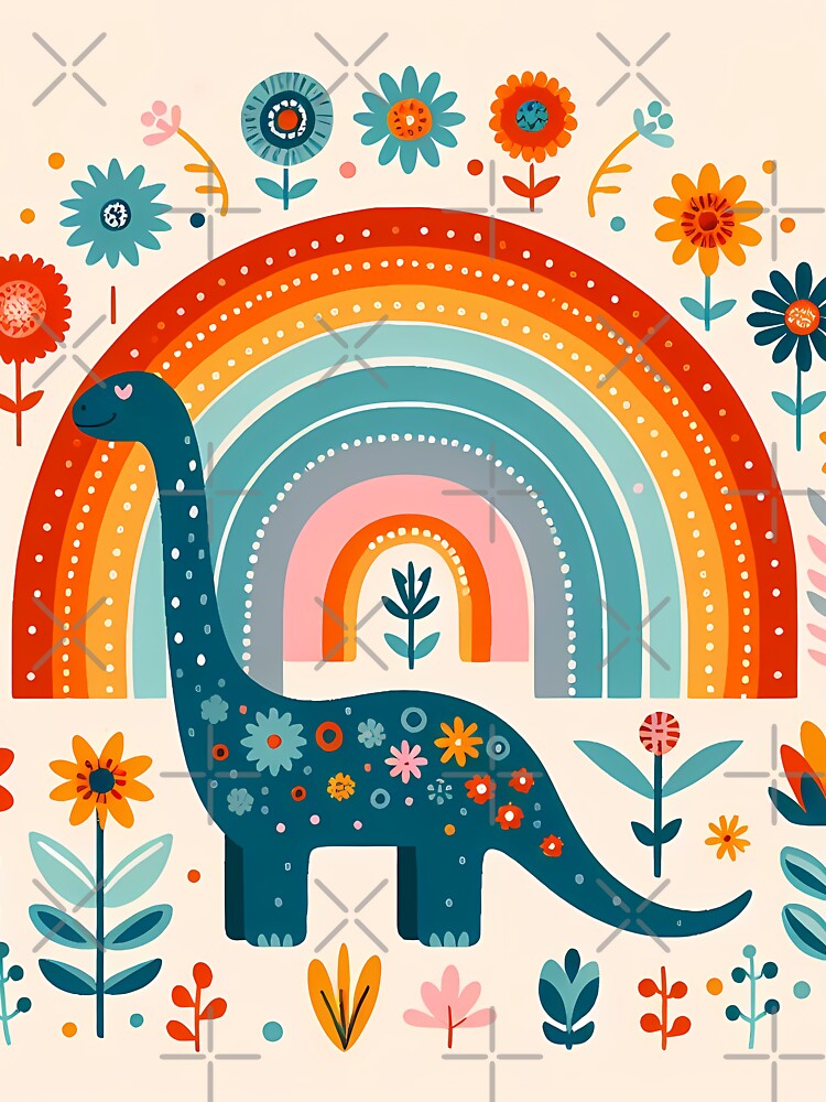 Cute Blue Brontosaurus Dinosaur with Rainbow - Scandinavian Folk Art by heidiannemorris © by FOLK ART FUSION by heidiannemorris