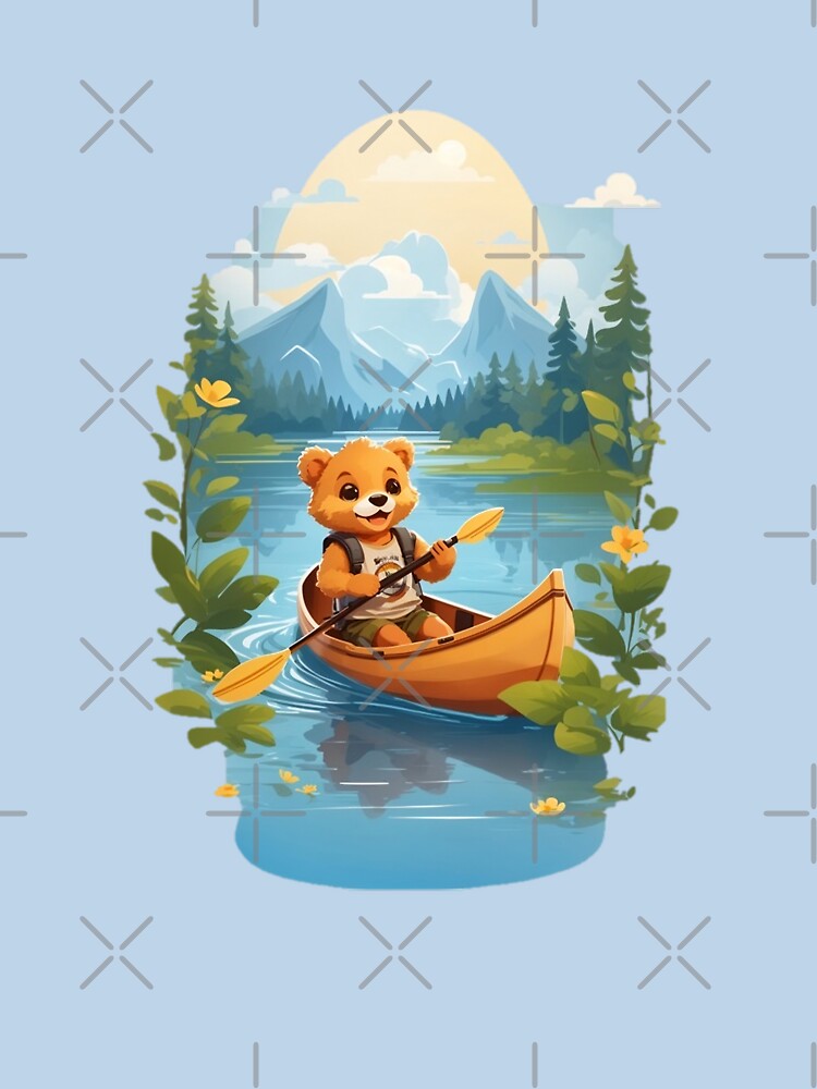 Sweet smiling bear cub in canoe on lake comic cartoon graphic art for kids by CedricNorbinho