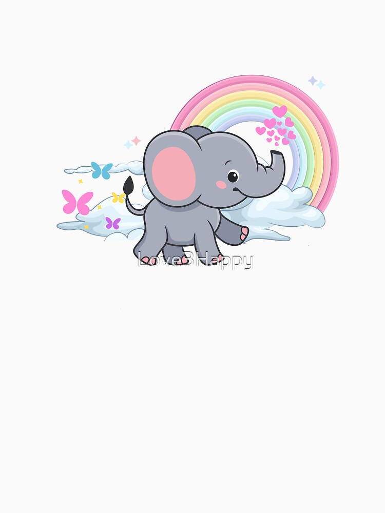 Magical Elephant - Cute Gray Elephant Blowing Hearts with Rainbow by Love3Happy