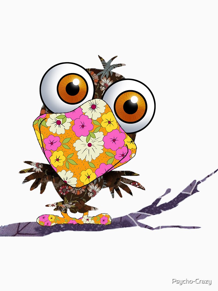 "Whimsical Floral Owl with Big Eyes on Branch - Cute and Quirky Cartoon Art by Psycho-Crazy