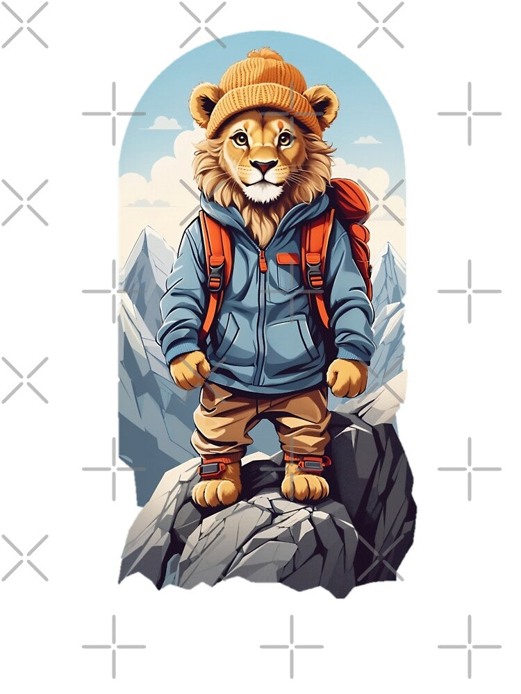 Young lion hiking in the mountains cartoon comic graphic for kids by CedricNorbinho