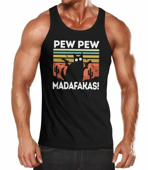Mens Tank Top Pew Pew Madafakas! black cat saying meme funny muscle
