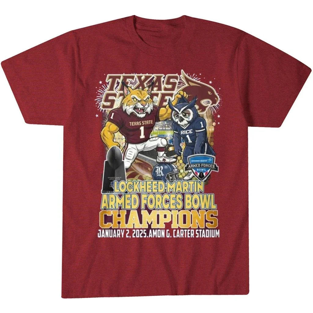 Texas State Bobcats Lockheed Martin Armed Forces Bowl Champions 2026 Mascot Shirt