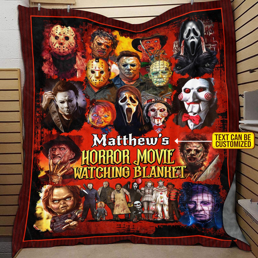 Personalized Name Horror Movies Watching Blanket – Halloween Fleece Blanket – Mink Sherpa Blanket