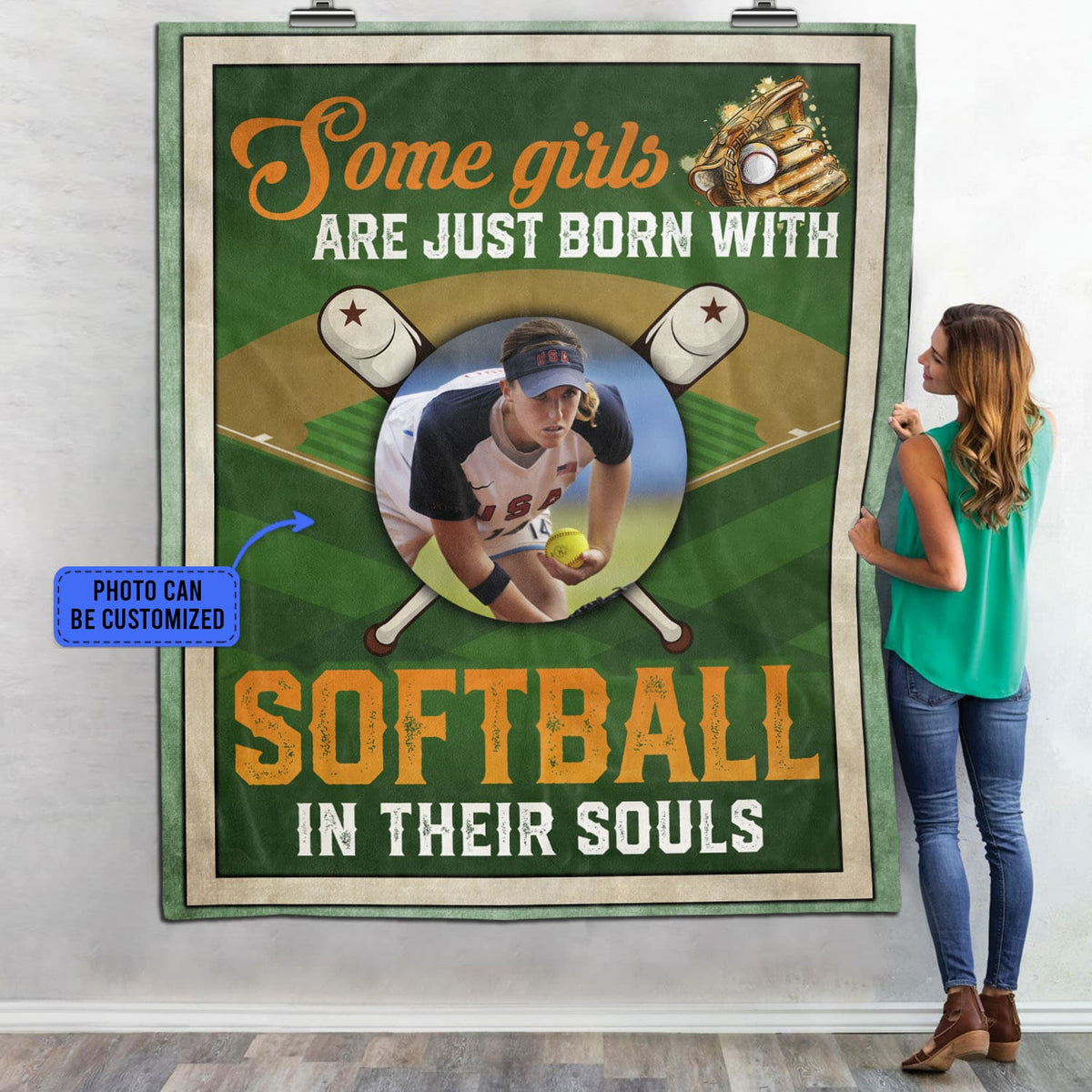 Personalized Some Girls Are Just Born with Softball in Their Souls – Custom Photo Fleece Blanket – Mink Sherpa Blanket
