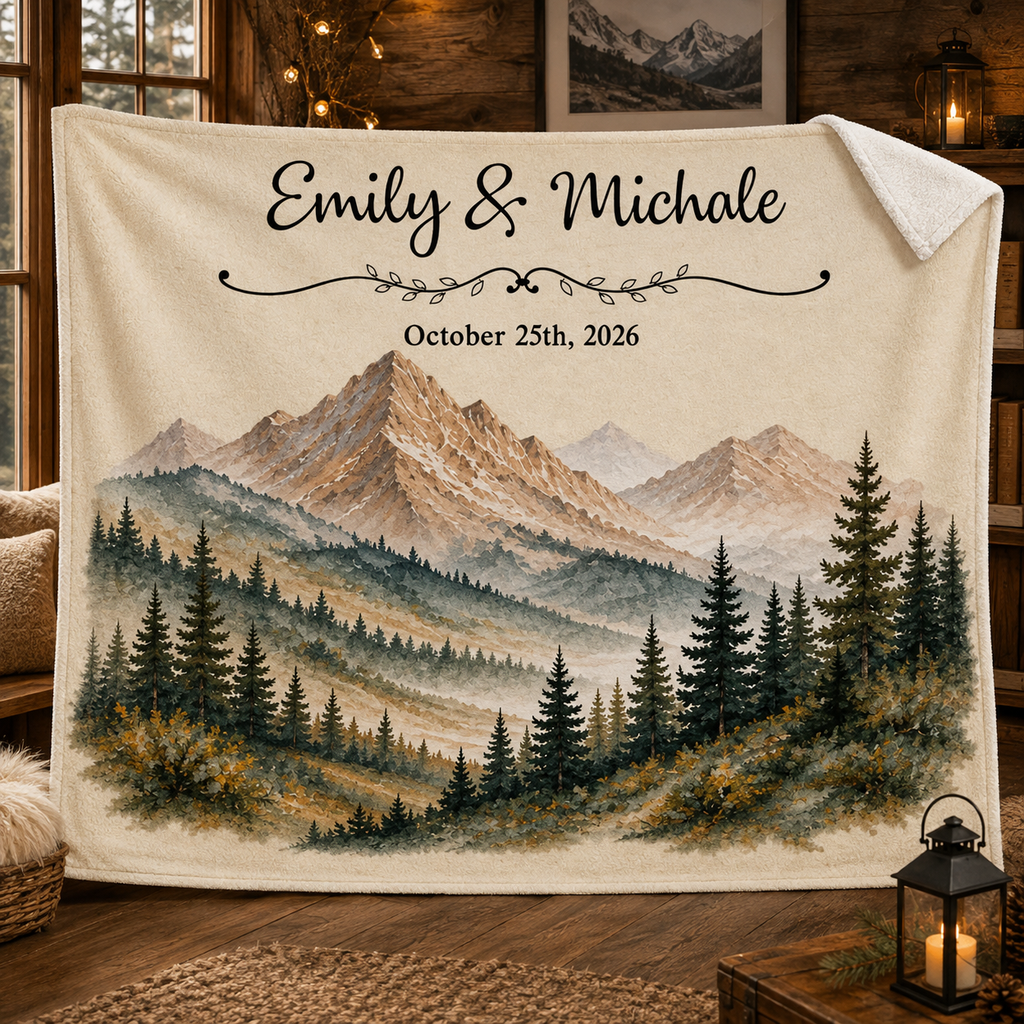 Personalized Couple Mountain Blanket, Custom Couple Name Throw, Scenic Mountain Landscape Blanket, Wedding Gift For Couple, Anniversary Gift