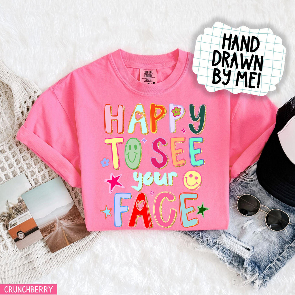 Comfort Colors Happy See Face Teacher Hand Drawn Colorful Doodle Stars Messy Glitter Teacher Appreciation Tee (2)