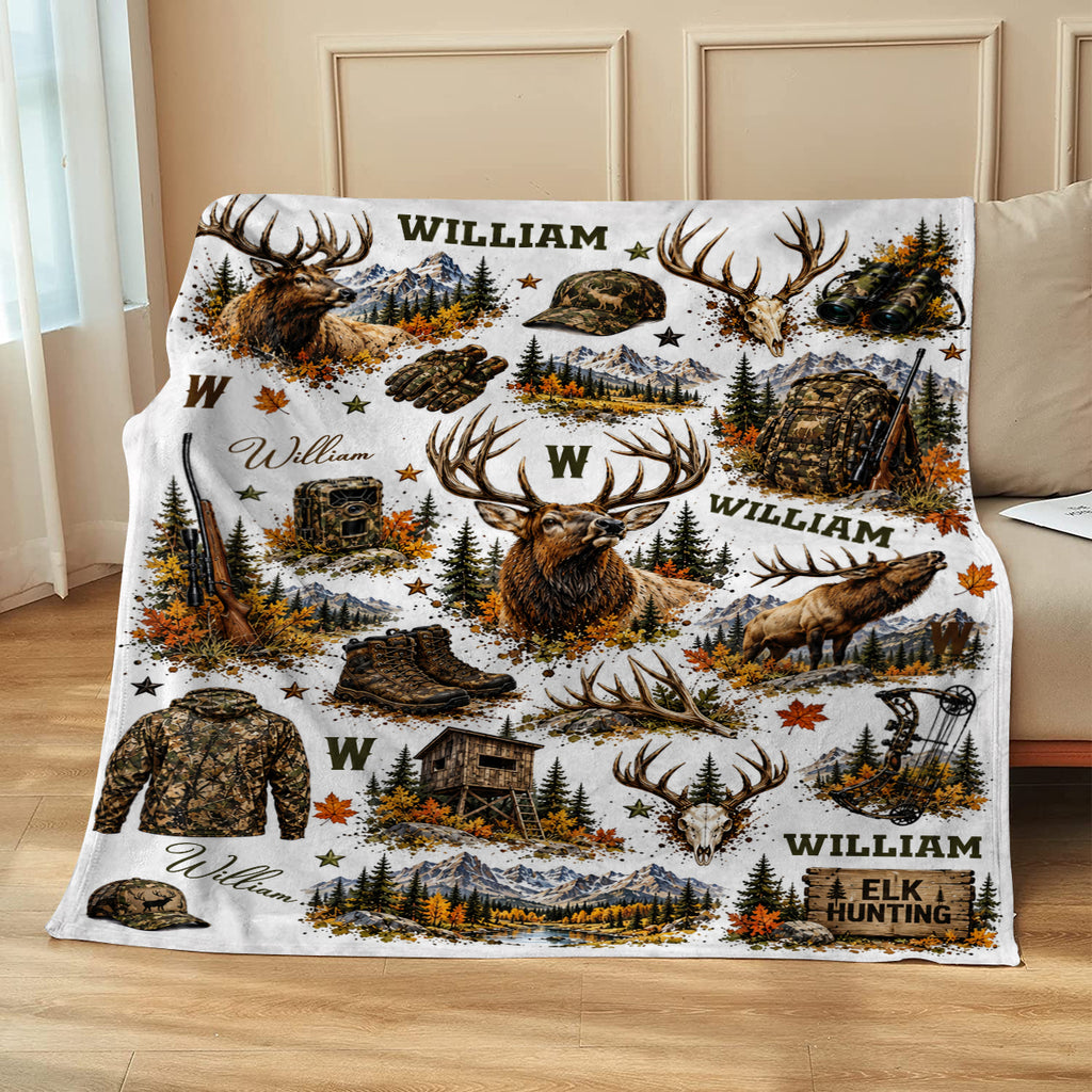 Personalized Elk Hunter Blanket, Elk Hunting Gift, Hunting Gift for Him, Outdoor Cabin Decor, Hunter Christmas Gift