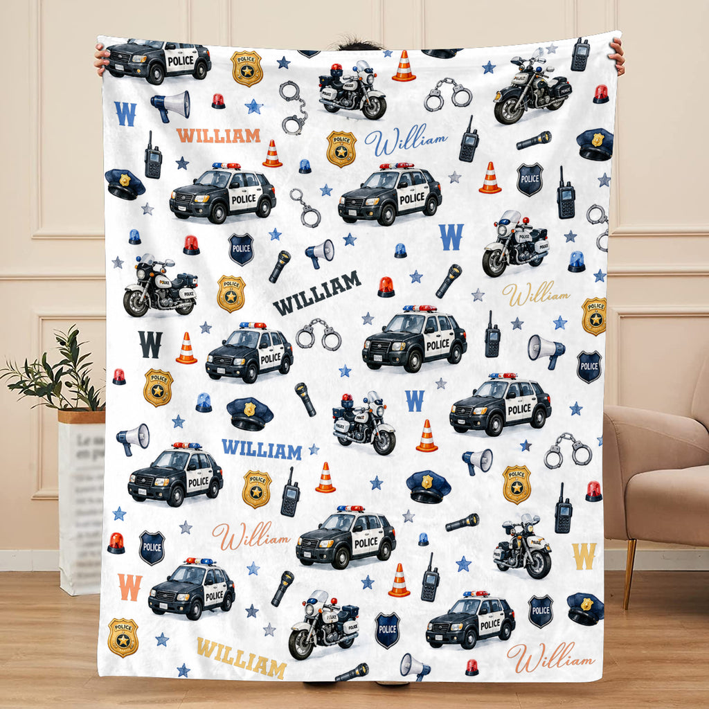 Personalized Police Baby Blanket with Name, Custom Cop Police Car Swaddle, Newborn Boy Gift, Police Officer Nursery Decor