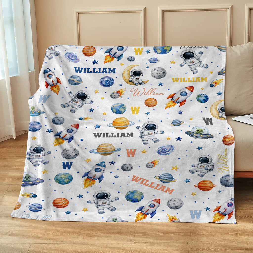 Personalized Space Baby Blanket with Name, Custom Astronaut Blanket for Boy, Rocket Ship Nursery Decor, Galaxy Swaddle
