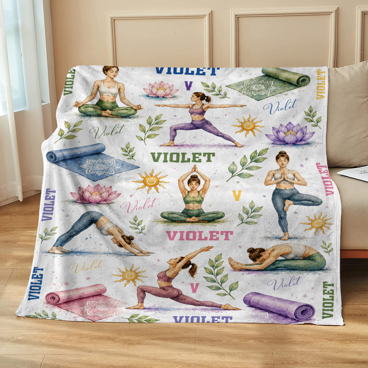 Personalized Yoga Blanket, Custom Yoga Lover Gift, Cute Yoga Poses Fleece Blanket, Meditation Gift for Her, Yogi Instructor Present