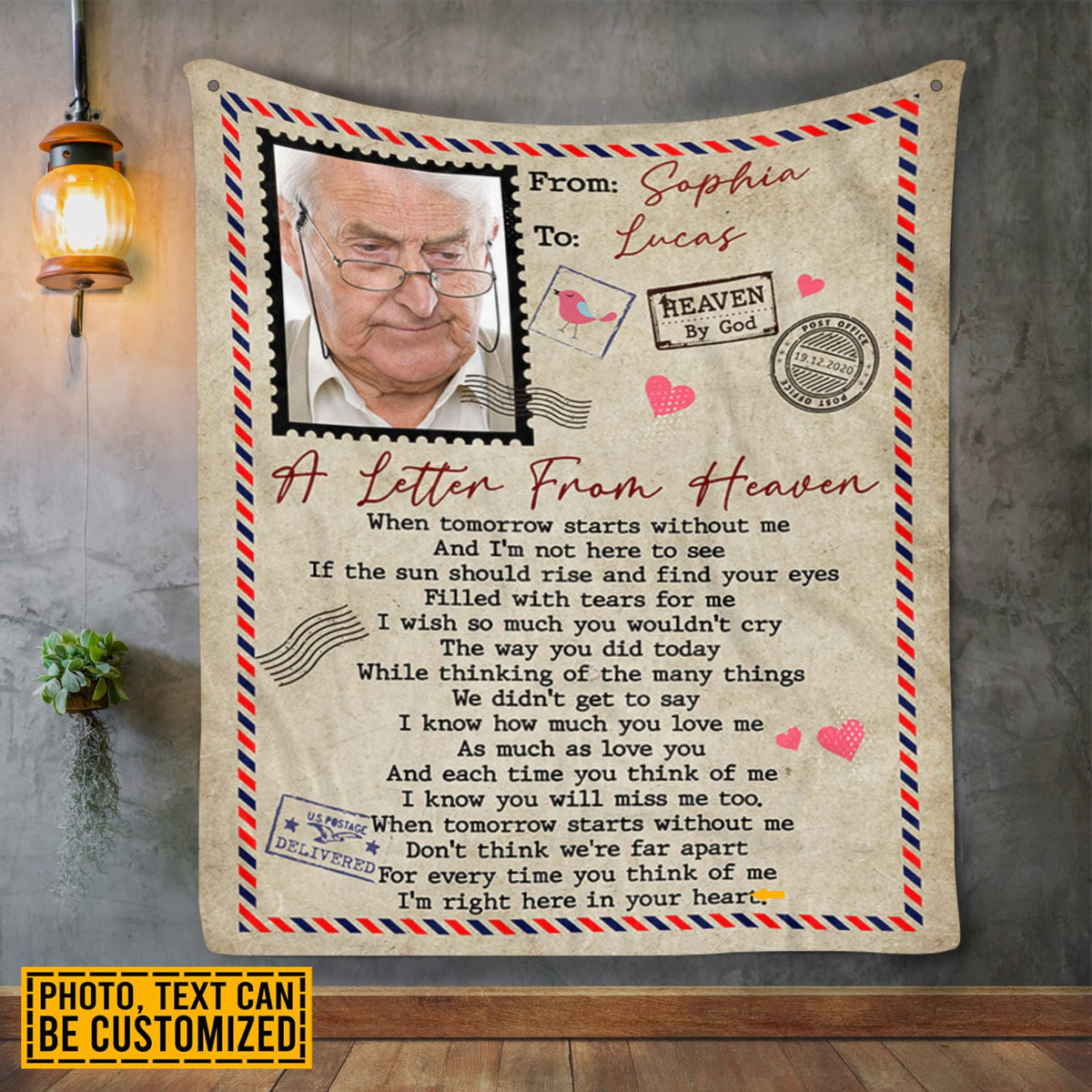 Custom Photo Airmail A Letter From Heaven In Loving Memory Fleece Blanket – Personalized Memorial Blanket