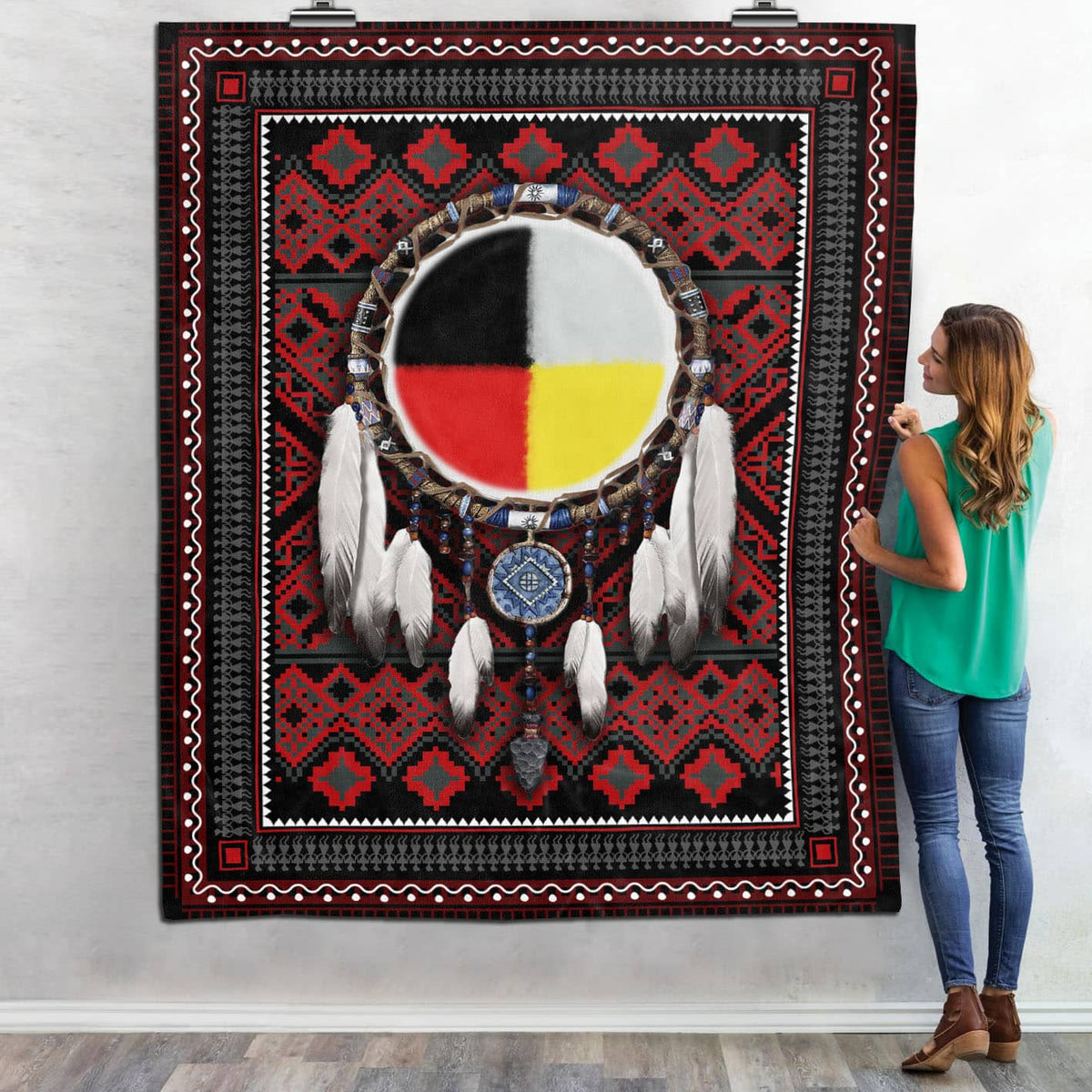 Native American Indian Dreamcatcher Tribe Fleece Blanket – Indigenous Tribal Mink Sherpa Blanket