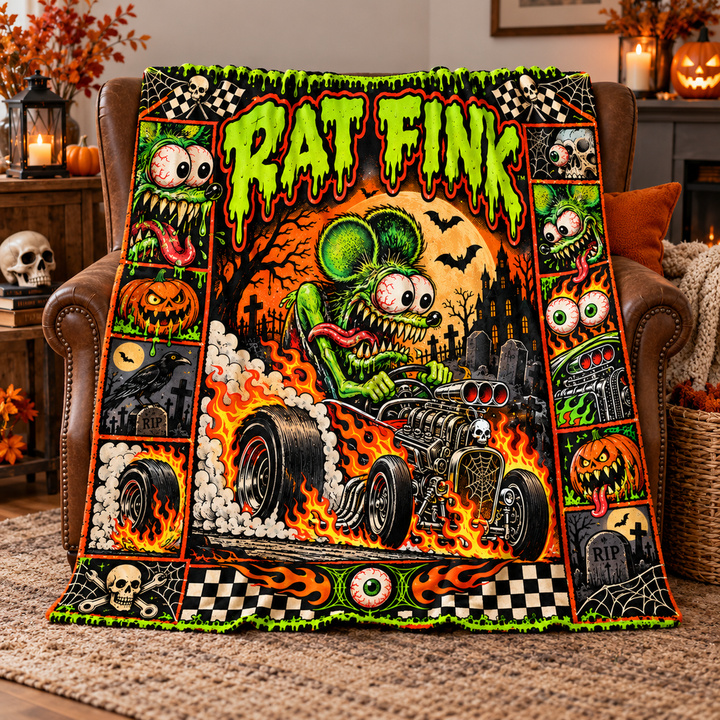 Rat Fink Retro Hot Rod Monster Spooky Halloween Graveyard Cozy Fleece Blanket
