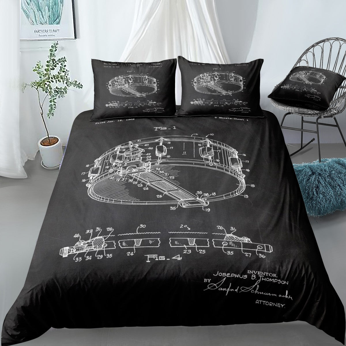 1962 Snare Drum-Patent Draw Bedding Set (Duvet Cover & Pillow Shams)