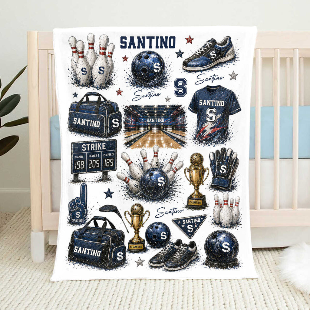 Personalized Bowling Blanket, Custom Bowling Ball Blanket for Boy, Bowling Alley Nursery Decor, Kids Toddler Blanket, Strike Gift
