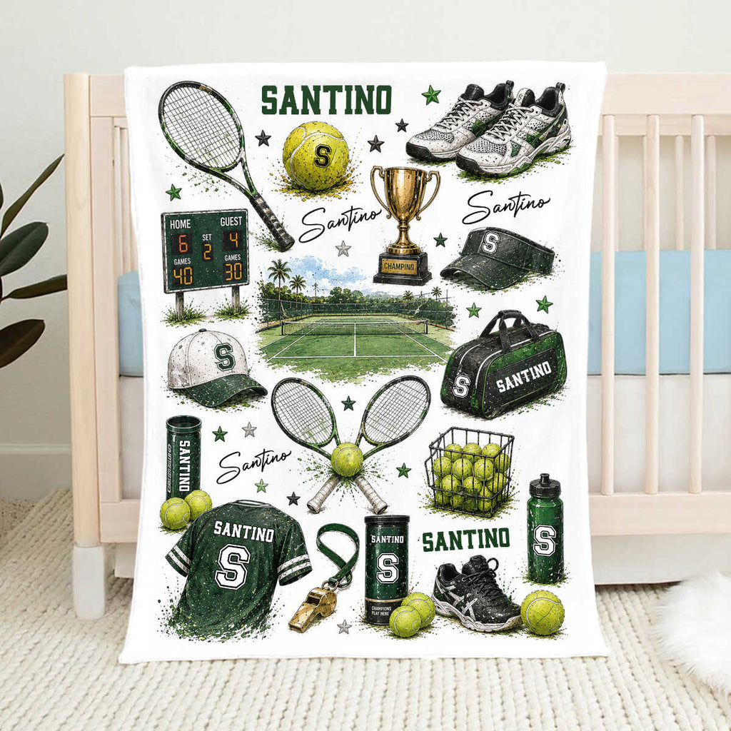 Personalized Tennis Blanket with Name, Custom Tennis Blanket for Boy, Tennis Court Nursery Decor, Kids Toddler Blanket, Racket Ball Gift