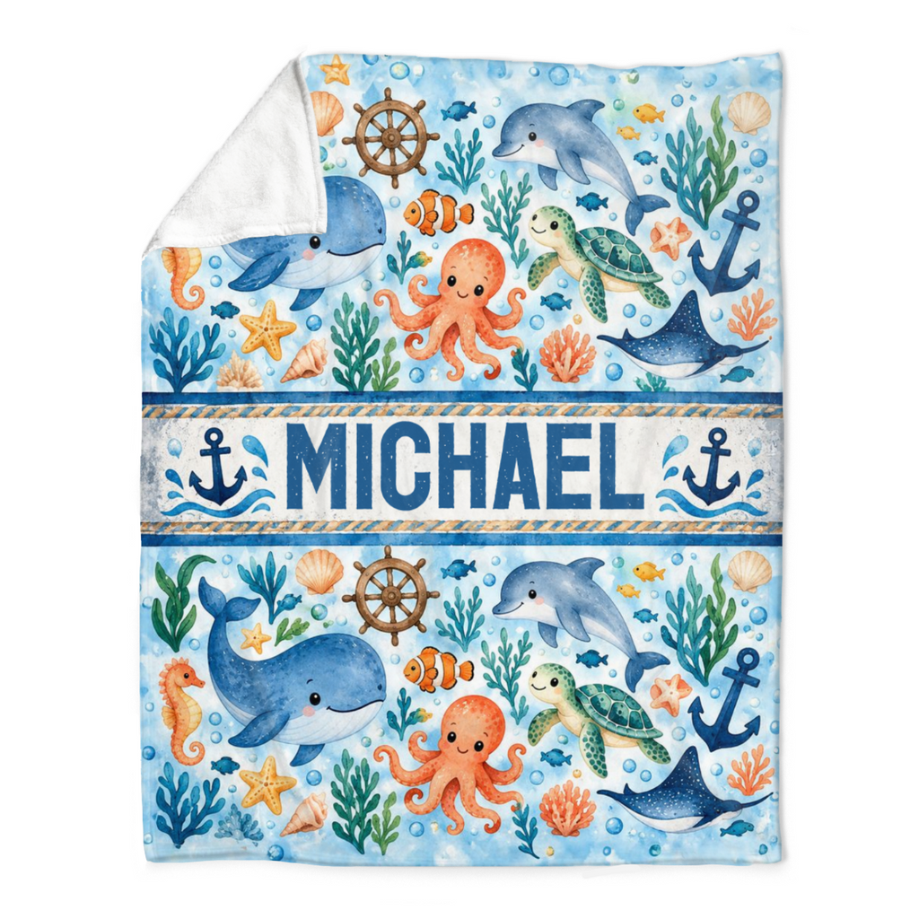Personalized Ocean Animal Blanket, Custom Nautical Throw Blanket, Sea Life Blanket, Dolphin Whale Turtle Gift, Coastal Home Decor
