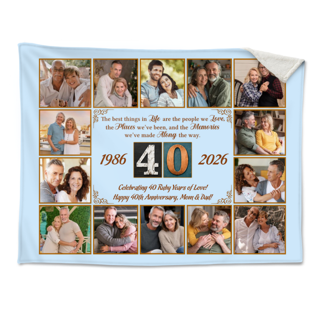 Personalized 40th Anniversary Blanket, 40 Years Together Photo Collage for Parents, Ruby Wedding Anniversary Gift for Parents, Custom Family Keepsake, Blanket for Wife