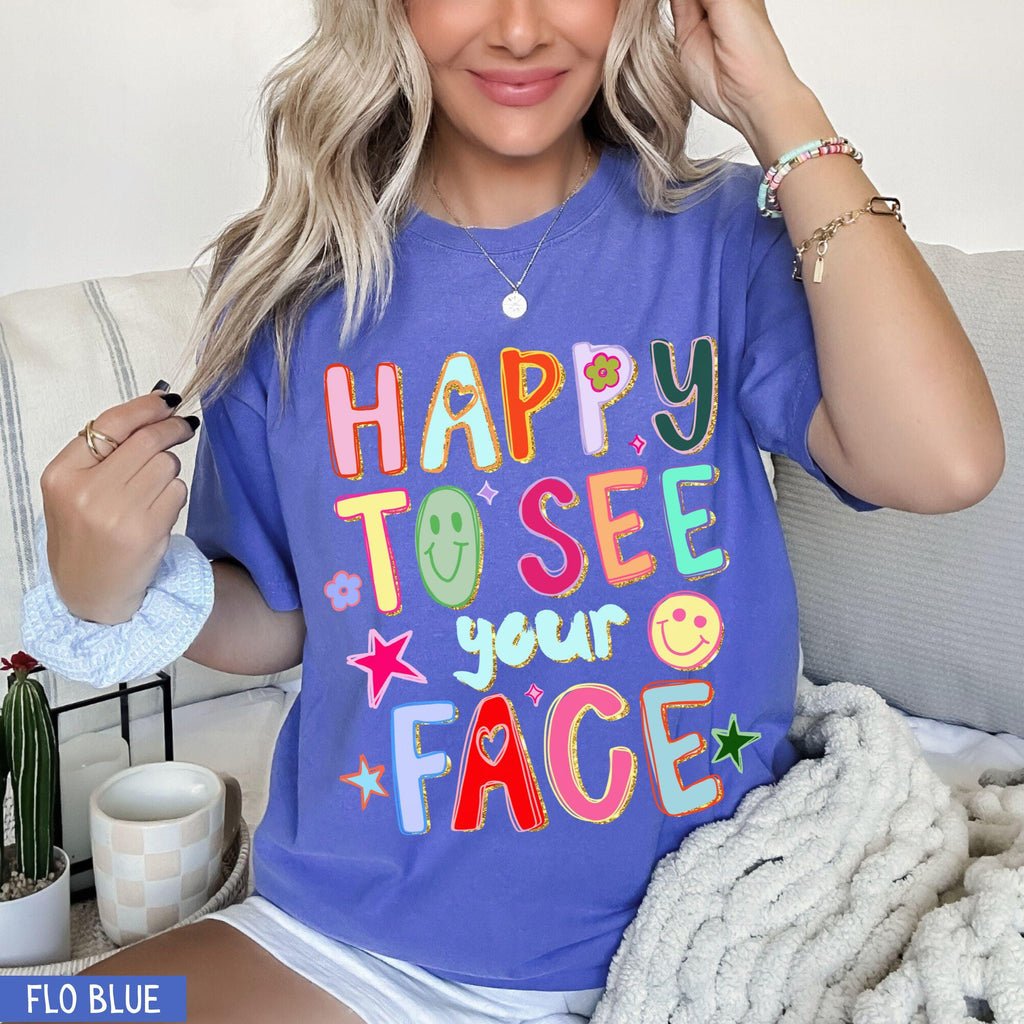 Comfort Colors Happy See Face Teacher Hand Drawn Colorful Doodle Stars Messy Glitter Teacher Appreciation Tee (3)